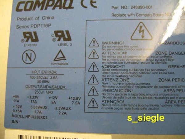 PSU/Netzteil HP/Compaq P/N: 243890-001, Model HP-U250XC3 für xw4000 Workstation