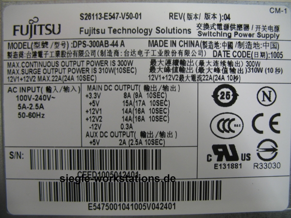 Netzteil Fujitsu Celsius W280 P/N S26113-E547-V50-01, DPS-300AB-44 A für Celsius W280 workstation
