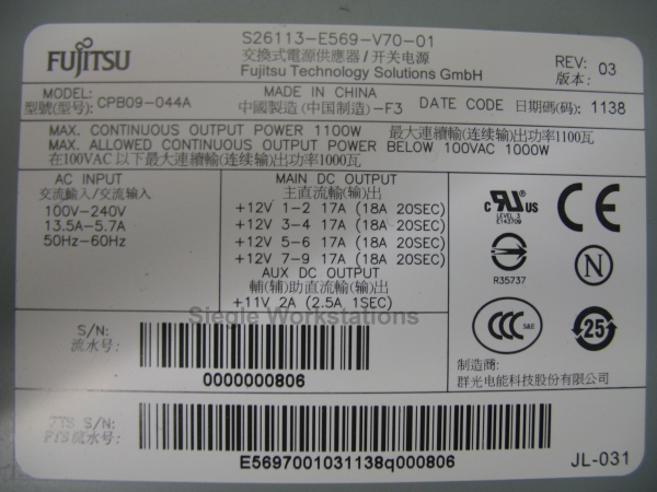Netzteil Fujitsu  P/N S26113-E569-V70-01, Model CPB09-044A für Celsius R920 Power Workstation