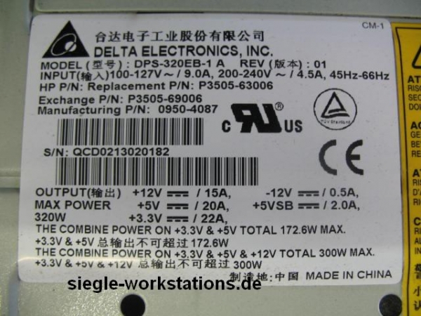 Netzteil HP P/N P3505-63006 Delta Electr. DPS-320EB-1 A, für HP TC3100 Server