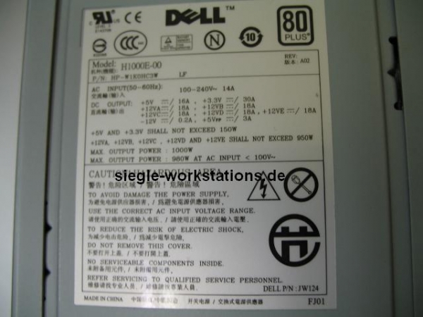Netzteil Dell T7400 P/N 0JW124, HP-W1K0HC3W für Precision T7400 Workstation