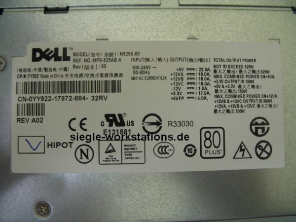 Netzteil Dell T3400 P/N 0YY922, NPS-525AB A, 525 Watt  für Precision T3400 Workstation