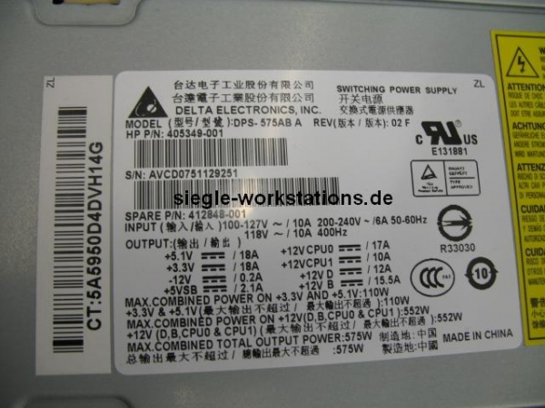Netzteil HP XW6400 SP P/N 412848-001 Model DPS-575AB A für xw6400 Workstation
