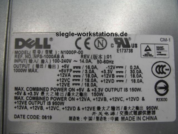 Netzteil Dell P690 P/N 0ND825, NPS-1000AB A Model 1000P-00 für Precision 690 - nur für Version mit 1 KW Chassis