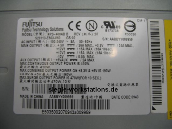 Netzteil Fujitsu Celsius M440/450/460 P/N S26113-E503-V50, NPS-400AB B, Rev. 07