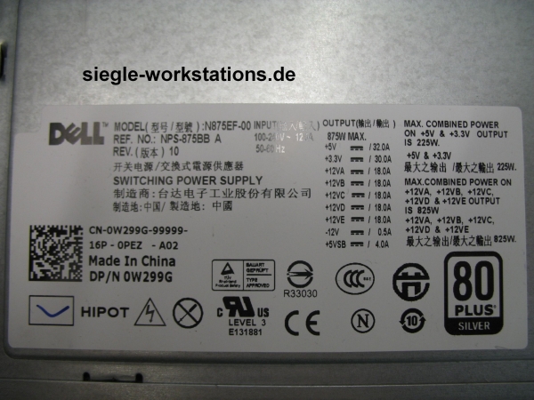 Netzteil Dell T5500 P/N 0W299G Model NPS-875BB A für Precision T5500 Workstation